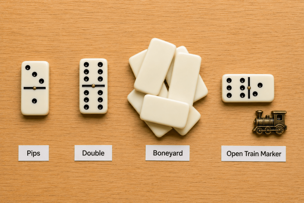 Labeled diagram identifying pips, a double, the boneyard, and an open train marker