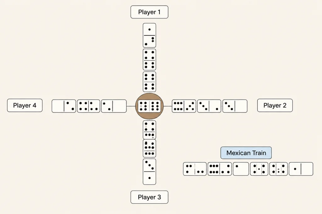 Diagram of a Mexican Train dominoes setup showing the central hub, four personal trains, and the shared Mexican Train