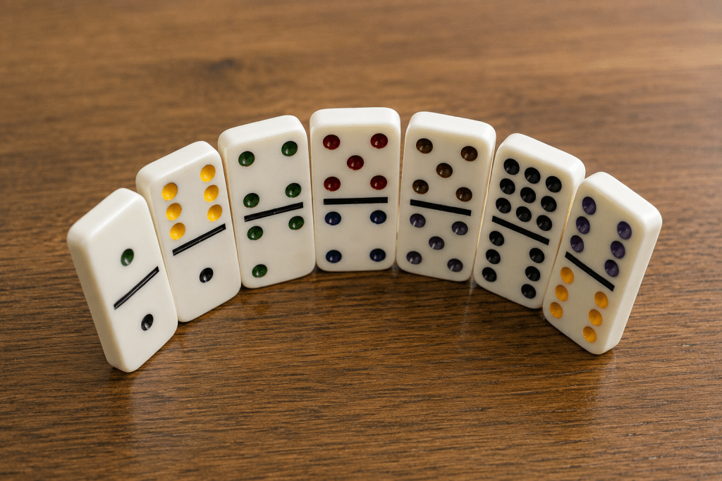 Dominoes standing on edge like a hand of cards, set up for Texas 42