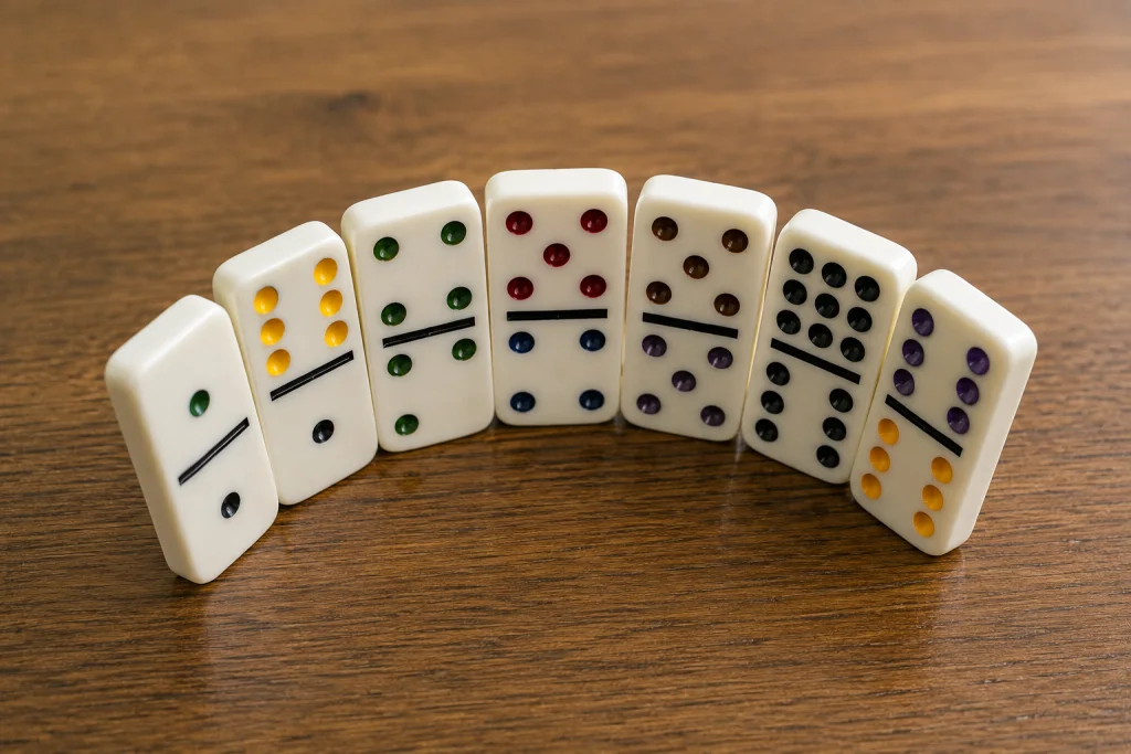 Dominoes standing on edge like a hand of cards, set up for Texas 42